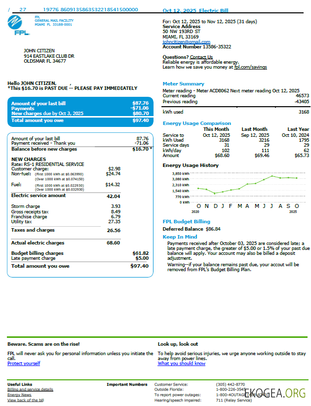 USA FPL utility bill template in Word and PDF formats, version 3
